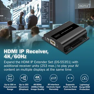 Digitus Przedłużacz (extender) po skrętce kat.6 HDMI 4K/60Hz przez IP 1G lub do 120m/200m - dodatkowy odbiornik do DS-55351