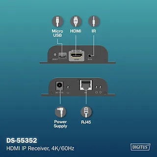 Digitus Przedłużacz (extender) po skrętce kat.6 HDMI 4K/60Hz przez IP 1G lub do 120m/200m - dodatkowy odbiornik do DS-55351