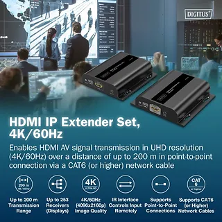 Digitus Przedłużacz (extender) po skrętce kat.6 HDMI 4K/60Hz przez IP 1G lub do 120m/200m, max. 253 odbiorniki, sterowanie IR - zestaw (odbiornik/nadajnik)