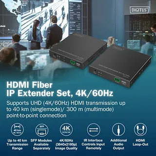 Digitus Przedłużacz (extender) światłowodowy HDMI 4K/60Hz przez IP 1G lub do 40km/300m, HDMI Loop-Out, sterowanie IR - zestaw (odbiornik/nadajnik)