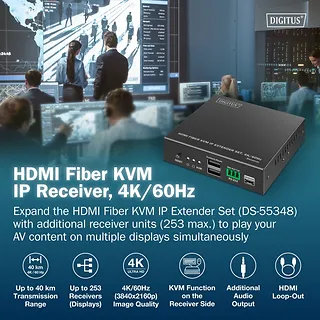 Digitus Przedłużacz (extender) światłowodowy HDMI 4K/60Hz z KVM USB 1.1 przez IP 1G lub do 40km/300m/IP 1G - dodatkowy odbiornik do DS-55348