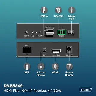 Digitus Przedłużacz (extender) światłowodowy HDMI 4K/60Hz z KVM USB 1.1 przez IP 1G lub do 40km/300m/IP 1G - dodatkowy odbiornik do DS-55348