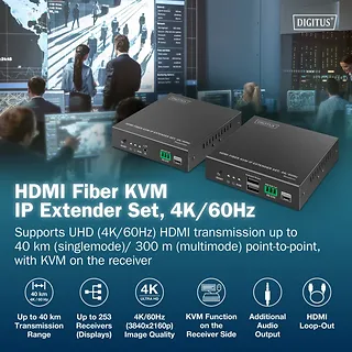 Digitus Przedłużacz (extender) światłowodowy HDMI 4K/60Hz z KVM USB 1.1 przez IP 1G lub do 40km/300m, max. 253 odbiorniki, HDMI Loop-Out, Audio - zestaw