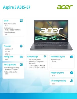 Acer Laptop Aspire 5 A515-57 i7-12650H/15.6 FHD IPS/16GB/512GB/  Stalowy Szary/NoOS