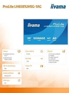 IIYAMA Monitor 65 cali LH6581UHSG-1AG 24/7,VA,ANDROID 14,4K, 2x10W, WiFi,    UCHWYT ŚCIENNY, 2xHDMI, USB-C, RJ45, IR, 2xUSB, WHITE
