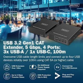Digitus Przedłużacz (extender) po skrętce kat.6A  USB 3.1 Gen1 do 100m, 3x USB-A, 1x USB-C do 5 Gbps, 1x RJ45 (Gigabit Ethernet) - zestaw (odbiornik/nadajnik)