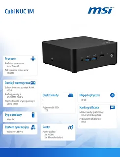 MSI Komputer Cubi NUC 1M-001EU  WIN11PRO/IC7-150U/16GB/1TB/WiFi/BT5.3/Czarny