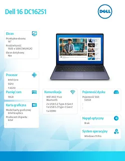 Laptop Dell 16 DC16251 W11P C5 120U/16GB/512GB/16.0 FHD+/Int/FgrPr/WLAN + BT/Backlit Kb/4 Cell/3YPS Midnight Blue