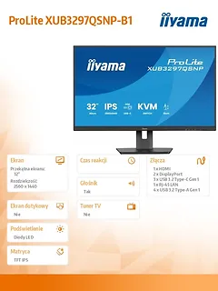 IIYAMA Monitor 32 cale XUB3297QSNP-B1 IPS,QHD,USB-C DOCK (95W), USB HUB 4x, KVM,  RJ45, GW 5 LAT
