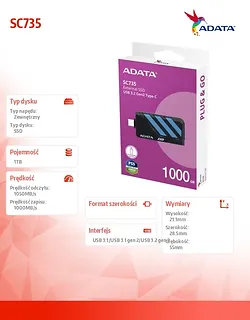 Adata Dysk SSD External SC735 1TB U3.2C 1000/1000MB/s Blue