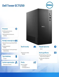 Komputer Dell Tower ECT1250 Win11Pro i5-14400/8GB/512GB SSD/UHD 730/WLAN + BT/Wireless Kb & Mouse/3YPS