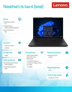 Lenovo Notebook ThinkPad L14 G6 21S6004FPB W11Pro Ultra 5 225U/16GB/512GB/INT/14.0 WUXGA/Black/3YRS OS + 1YR Premier Support + CO2 Offset