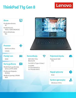 Lenovo Ultrabook ThinkPad T1G G8 21TD0002PB  W11Pro Ultra 7 255H/32GB/1TB/RTX 5080 8GB/16.0 WUXGA/Black/3YR Premier NBD + 3YRS Ci + CO Offset