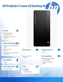HP Inc. Komputer ProDesk 4 Tower G1i Desktop AI PC U5-225 512/16/W11P      9H7U6ET