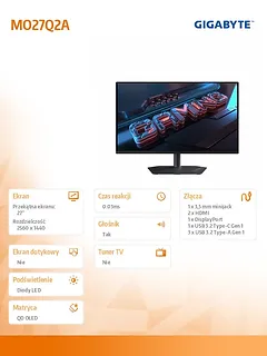 Gigabyte Monitor 27 cali MO27Q2A EK QHD QD-OLED HDMI USB-C