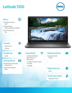 Dell Laptop Latitude 3550 Win11Pro i5-1335U/16GB/512GB/15.6 FHD/Integrated/FgrPr/FHD Cam/Mic/WLAN + BT/Backlit Kb/3 Cell/3YPS