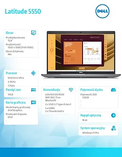 Dell Laptop Latitude 5550 Win11Pro U7 165U/16GB/512GB/15.6 FHD/Integrated/FgrPr/FHD IR Cam/Mic/WLAN + BT/Backlit Kb/3 Cell/vPro/3YPS