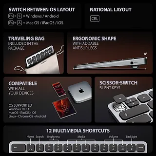 AXAGON Klawiatura HMC-KB-CRL USB-C 5Gbps z wieloportowy hub 9in1, SD/microSD, 3x USB-A, HDMI 4K/60Hz, PD 100W, Audio, Cyrillic layout, 60cm USB-C kabel