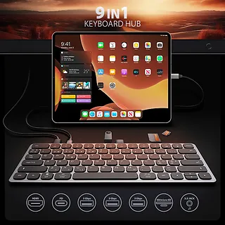 AXAGON Klawiatura HMC-KB-NRD USB-C 5Gbps z wieloportowy hub 9in1, SD/microSD, 3x USB-A, HDMI 4K/60Hz, PD 100W, Audio, Nordic layout, 60cm USB-C kabel