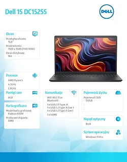 Laptop Dell 15 DC15255 W11P R5-7520U/8GB/512GB SSD/AMD Radeon 610M/WLAN + BT/15.6 FHD/Backlit Kb/3 Cell/65W/3YPS Carbon Black (Plastic)