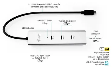 i-tec HUB USB-C Charging Metal 5 port with USB-C video 8K + Power Delivery 85W