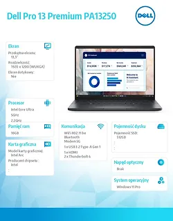 Laptop Dell Pro 13 Premium PA13250 W11P U7-266V/16GB/512GB SSD/13.3 FHD+/Arc/FgrPr/Cams&Mic/5G WWAN+BT/BcklKb/3C/vPro/3YPS Magnesium