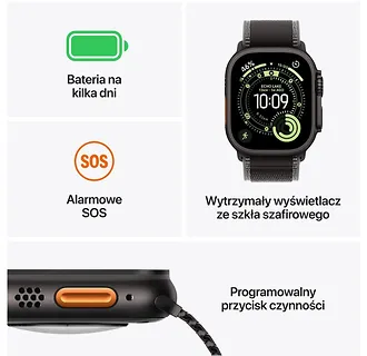 Apple Watch Ultra 3 GPS + Cellular koperta 49 mm z tytanu w kolorze czarnym, opaska Trail w kolorze czarnym/węgla drzewnego - rozmiar M/L