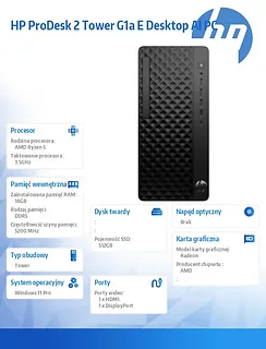HP Inc. Komputer ProDesk 2 Tower G1a R5-8500G 512GB/16GB/W11P      BY7C7ET