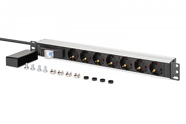 Digitus Listwa zasilająca PDU Rack 19" z wyłącznikiem nadprądowym Typ C 16A, 7 gniazd Schuko CEE 7/3 (45°), kabel 1,8m wtyk Unischuko CEE 7/7, 16A, aluminiowa