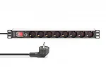 Digitus Listwa zasilająca PDU Rack 19" z zabezpieczeniem przeciążeniowym, 8 gniazd Schuko CEE 7/3 (45°), kabel 2m wtyk Unischuko, 16A, aluminiowa