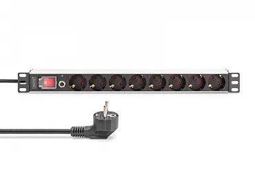 Digitus Listwa zasilająca PDU Rack 19" z zabezpieczeniem przeciążeniowym, 8 gniazd Schuko CEE 7/3 (45°), kabel 2m wtyk Unischuko, 16A, aluminiowa