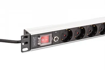 Digitus Listwa zasilająca PDU Rack 19" z zabezpieczeniem przeciążeniowym, 8 gniazd Schuko CEE 7/3 (45°), kabel 2m wtyk Unischuko, 16A, aluminiowa