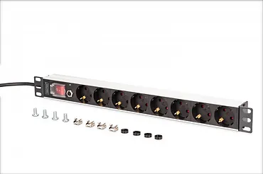 Digitus Listwa zasilająca PDU Rack 19" z zabezpieczeniem przeciążeniowym, 8 gniazd Schuko CEE 7/3 (45°), kabel 2m wtyk Unischuko, 16A, aluminiowa