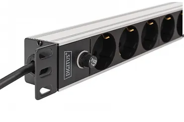 Digitus Listwa zasilająca PDU Rack 19" z bezpiecznikiem przeciążeniowym, 9 gniazd Schuko CEE 7/3 (45°), kabel 2m wtyk IEC C14, 10A, aluminiowa
