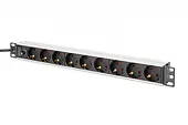 Digitus Listwa zasilająca PDU Rack 19" z bezpiecznikiem przeciążeniowym, 9 gniazd Schuko CEE 7/3 (45°), kabel 2m wtyk IEC C14, 10A, aluminiowa