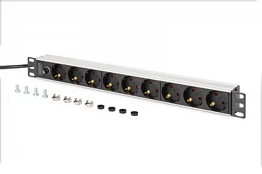 Digitus Listwa zasilająca PDU Rack 19" z bezpiecznikiem przeciążeniowym, 9 gniazd Schuko CEE 7/3 (45°), kabel 2m wtyk IEC C14, 10A, aluminiowa