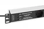 Digitus Listwa zasilająca PDU Rack 19" z zabezpieczeniem przeciwprzepięciowym + filtr EMI/RFI, 7 gniazd Schuko CEE 7/3, kabel 2m, wtyk Unischuko CEE 7/7, 16A,