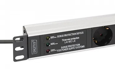 Digitus Listwa zasilająca PDU Rack 19" z zabezpieczeniem przeciwprzepięciowym + filtr EMI/RFI, 7 gniazd Schuko CEE 7/3, kabel 2m, wtyk Unischuko CEE 7/7, 16A,