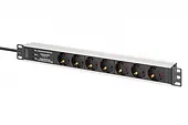 Digitus Listwa zasilająca PDU Rack 19" z zabezpieczeniem przeciwprzepięciowym + filtr EMI/RFI, 7 gniazd Schuko CEE 7/3, kabel 2m, wtyk Unischuko CEE 7/7, 16A,