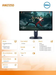 Dell Monitor AW2725D 27 cali NVIDIA G-SYNC Ultimate & AMD FreeSync Premium Pro 360Hz QHD (2560x1440)/16:9/DP/HDMI/USB 3.2/3Y AES&PPE