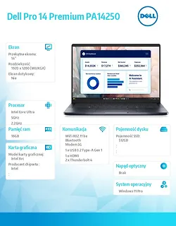 Laptop Dell Pro 14 Premium PA14250 W11P U7-266V/16GB/512GB SSD/14.0 FHD+/Arc/FgrPr/Cams&Mic/5G WWAN+BT/BcklKb/3C/vPro/3YPS Magnesium