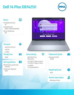 Laptop Dell 14 Plus DB14250 Win11Pro Ultra 7 256V/16GB/512GB SSD/14.0 2.5K/Arc/FgrPr/WLAN + BT/Backlit Kb/4 Cell