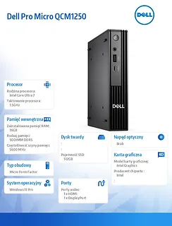 Dell Komputer Pro Micro QCM1250 Win11Pro U7 265T/16GB/512GB/INT/WLAN+BT/KB/90W/TPM/3Y ProSupport