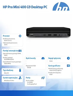 HP Inc. Komputer Pro Mini 400 G9 i5-12500T 512GB/16GB/W11P      BY7F0ET