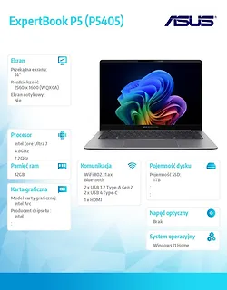 Asus Notebook ExpertBook P5 P5405CSA-NZ0895W ultra 7 258V Win11H/32GB/1TB/14cali/3Y
