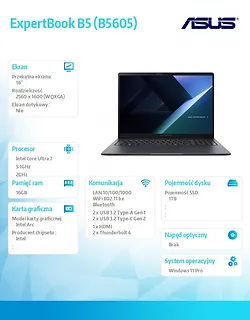 Asus Notebook ExpertBook B5 B5605CCA-PL0061X ultra 7 255H 16GB/1TB/Win11Pro/3Y