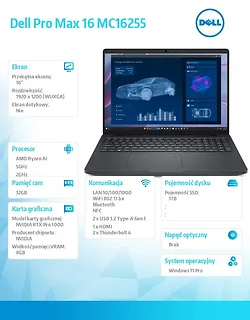 Laptop Dell Pro Max 16 MC16255 Win11Pro AMD Ryzen 350|32GB|1TB|RTX PRO 1000Blackwell 8GB|FgrPr&SmtCdFHD Cam&Mic|WLAN+BT|16.0 FHD+|6 Cell|130W/3Y PS