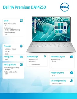 Laptop Dell 14 Premium DA14250 Win11Pro U7-255H|16GB|512GB SSD|Intel Arc |WLAN + BT|14.5
