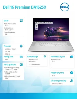 Laptop Dell 16 Premium DA16250 Win11Pro|U9-285H|32GB|1TB SSD|NVIDIA GeForce RTX 5060, 8GB GDDR7 |WLAN + BT|16.3 OLED Touch|Backlit Kb|6 Cell