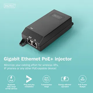 Digitus Zasilacz/Adapter PoE+ 802.3at aktywny max. 55V 30W 10/100/1000Mbps, transmisja do 100m